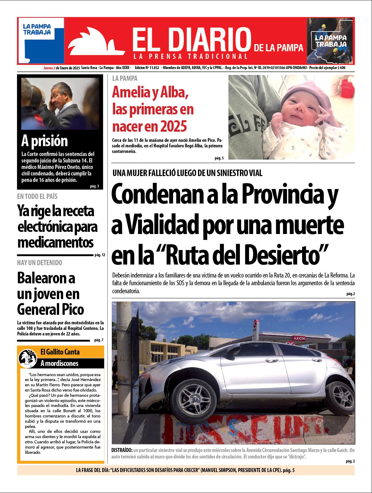 Tapa de El Diario en papel  jueves 02 de enero de 2025